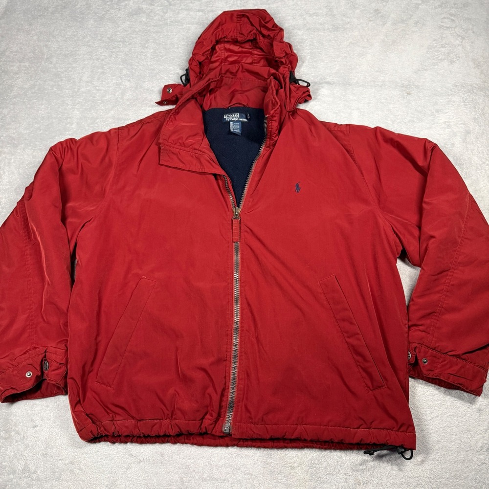 Polo Ralph Lauren XL Hooded Jacket Mens Red Fleece Lined Full Zip Windbreaker